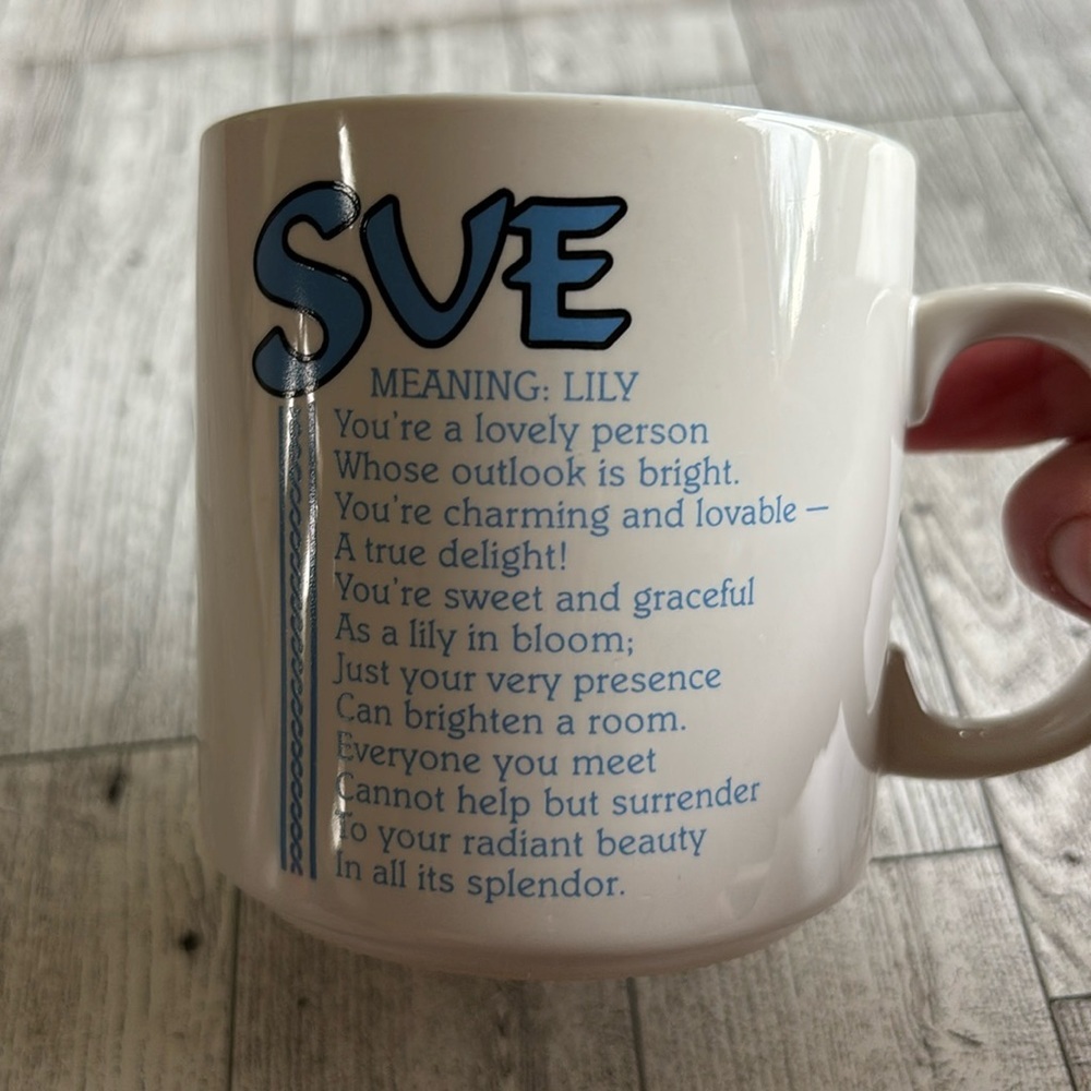 Vintage "Sue" Name &‎ Meaning Poem coffee Tea Mug Cup "Lily" Marci Poetry Papel